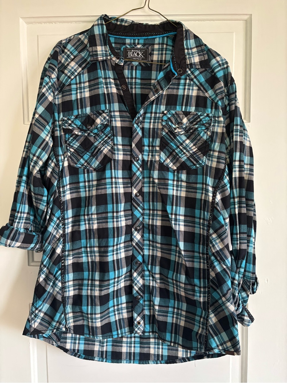 Black Brand Black, Teal and White Plaid Button-Up Shirt